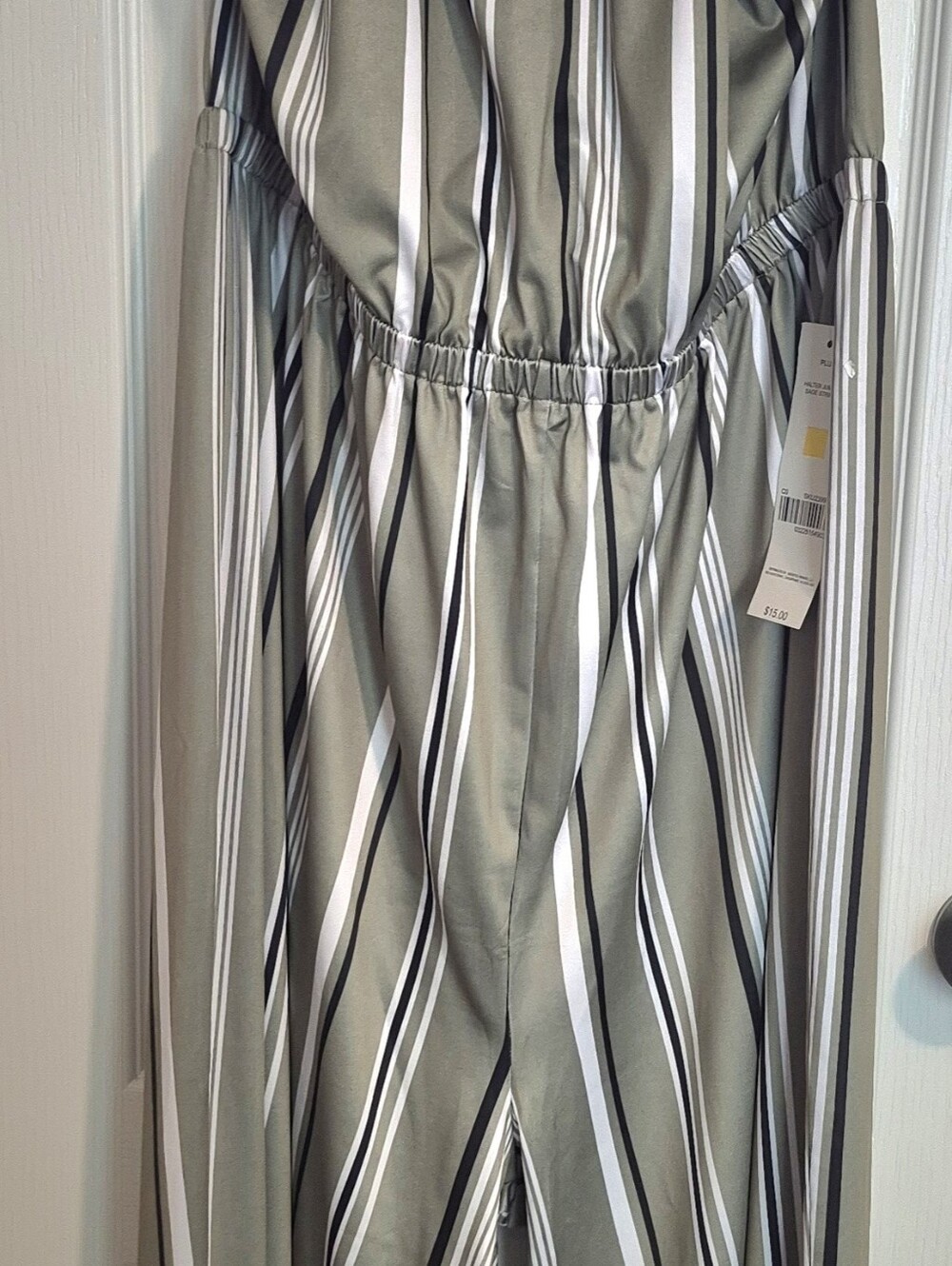just be Silver-Tone Satin Jumpsuit, Sage With Blue & White Stripes